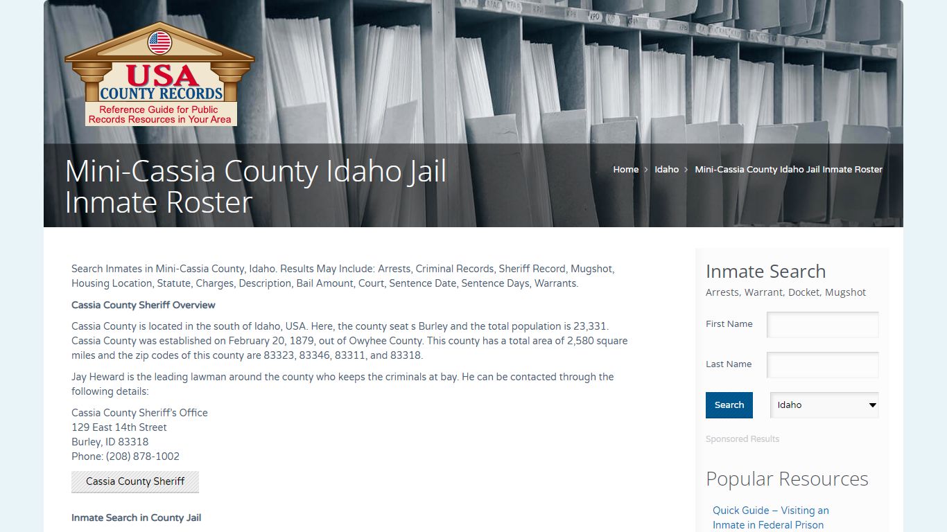 Mini-Cassia County Idaho Jail Inmate Roster | Name Search
